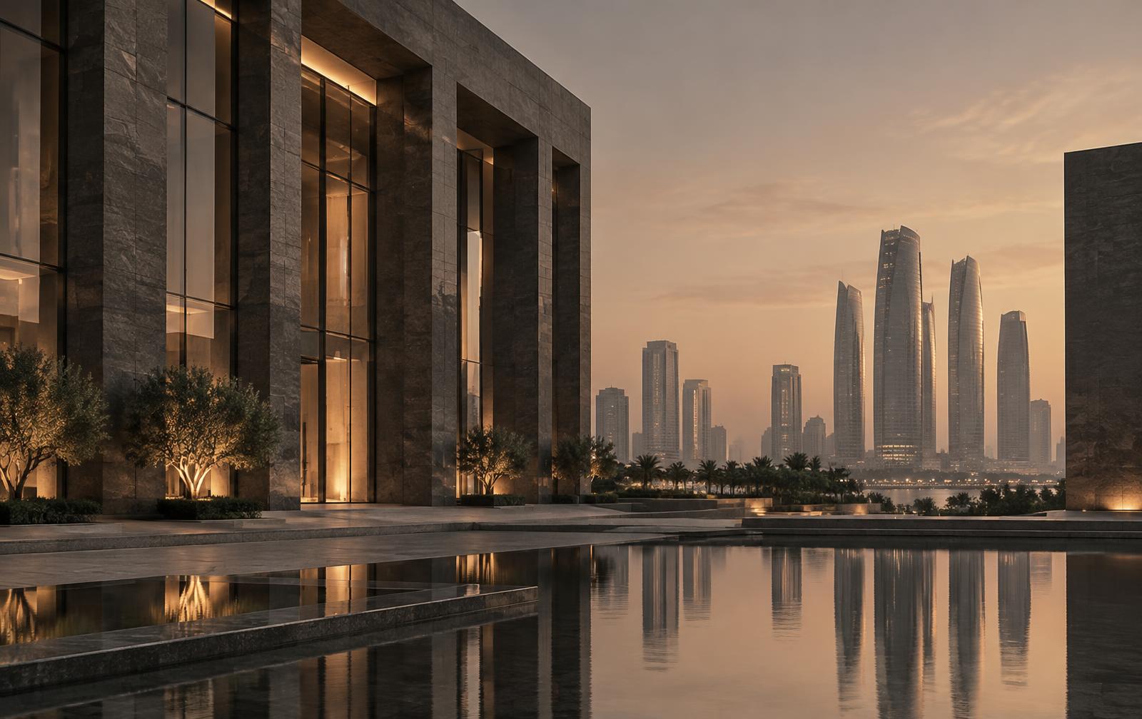 Institutional stone and glass architecture in Abu Dhabi at dusk